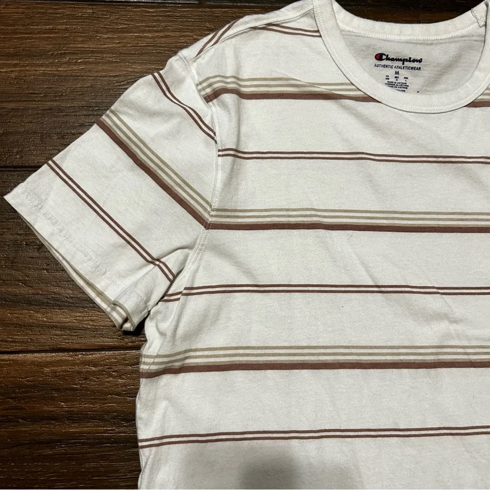 Champion Men’s Short‎ Sleeve Shirt Medium White with Brown Tan horizantal lines - Picture 6 of 10
